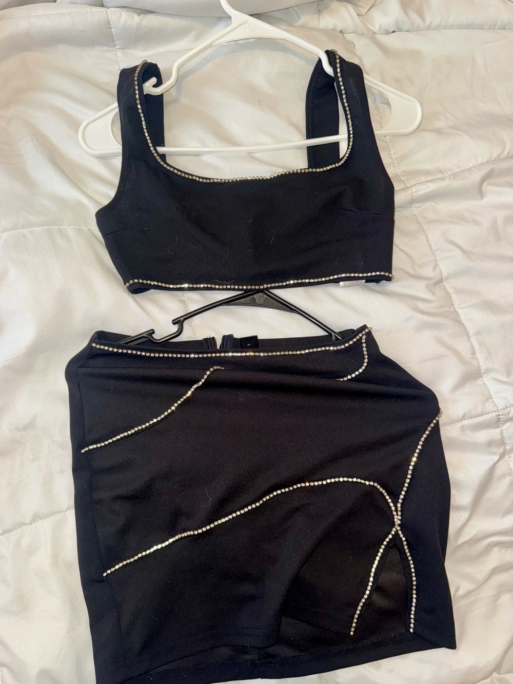 SHEIN Black Rhinestone Trim Crop Tank Top & Mini Skirt Set